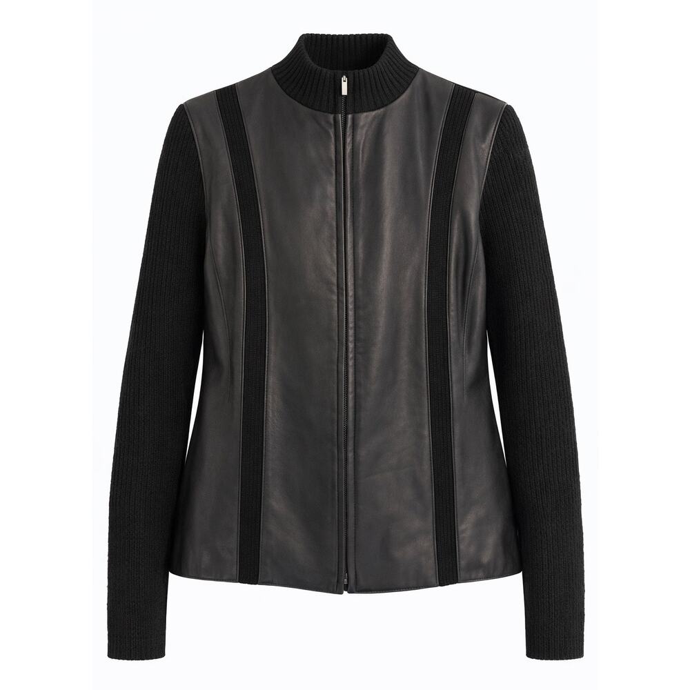 Worthington Black Leather Jacket Zip Front Ribbed Knit Sleeves - Large